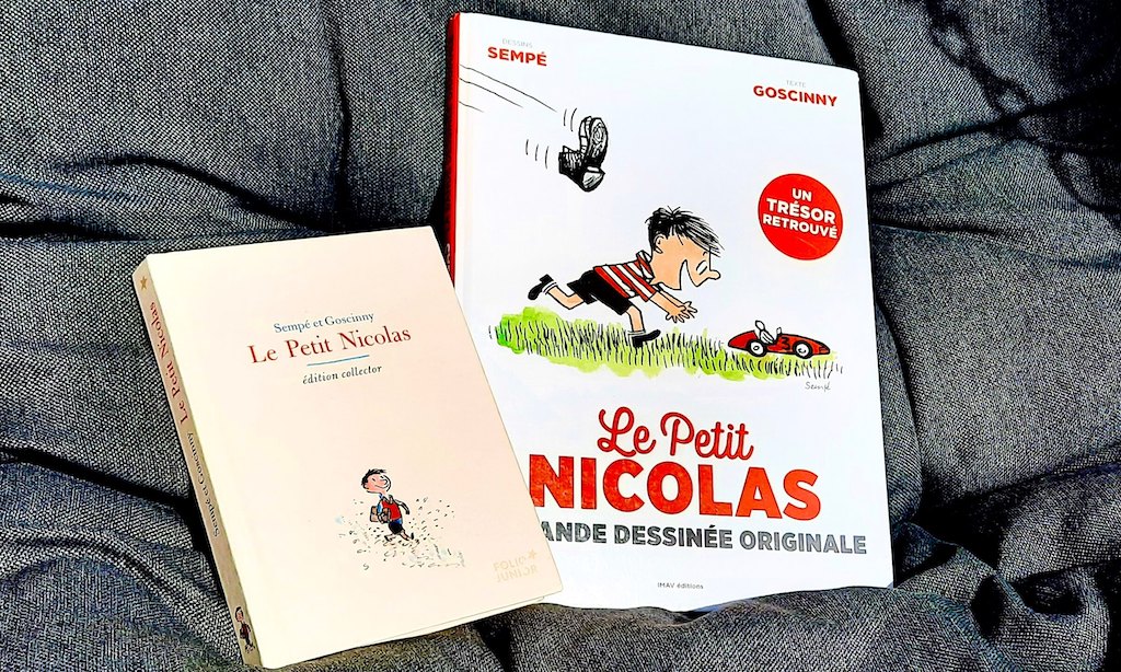 2 Le Petit Nicolas books on a black background comic book and novel,
books for children in French